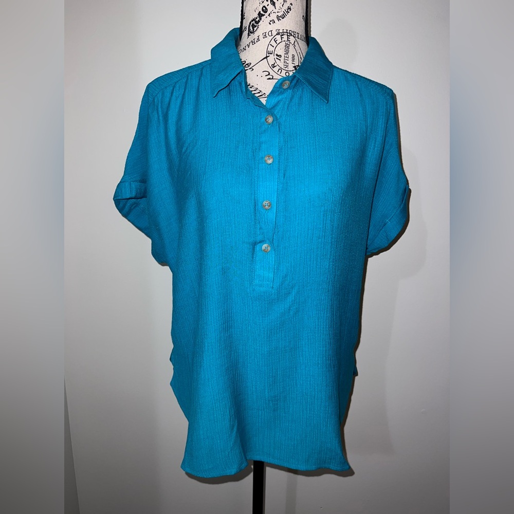 MINE Teal Blue Textured Gauze Henley Blouse - Medium